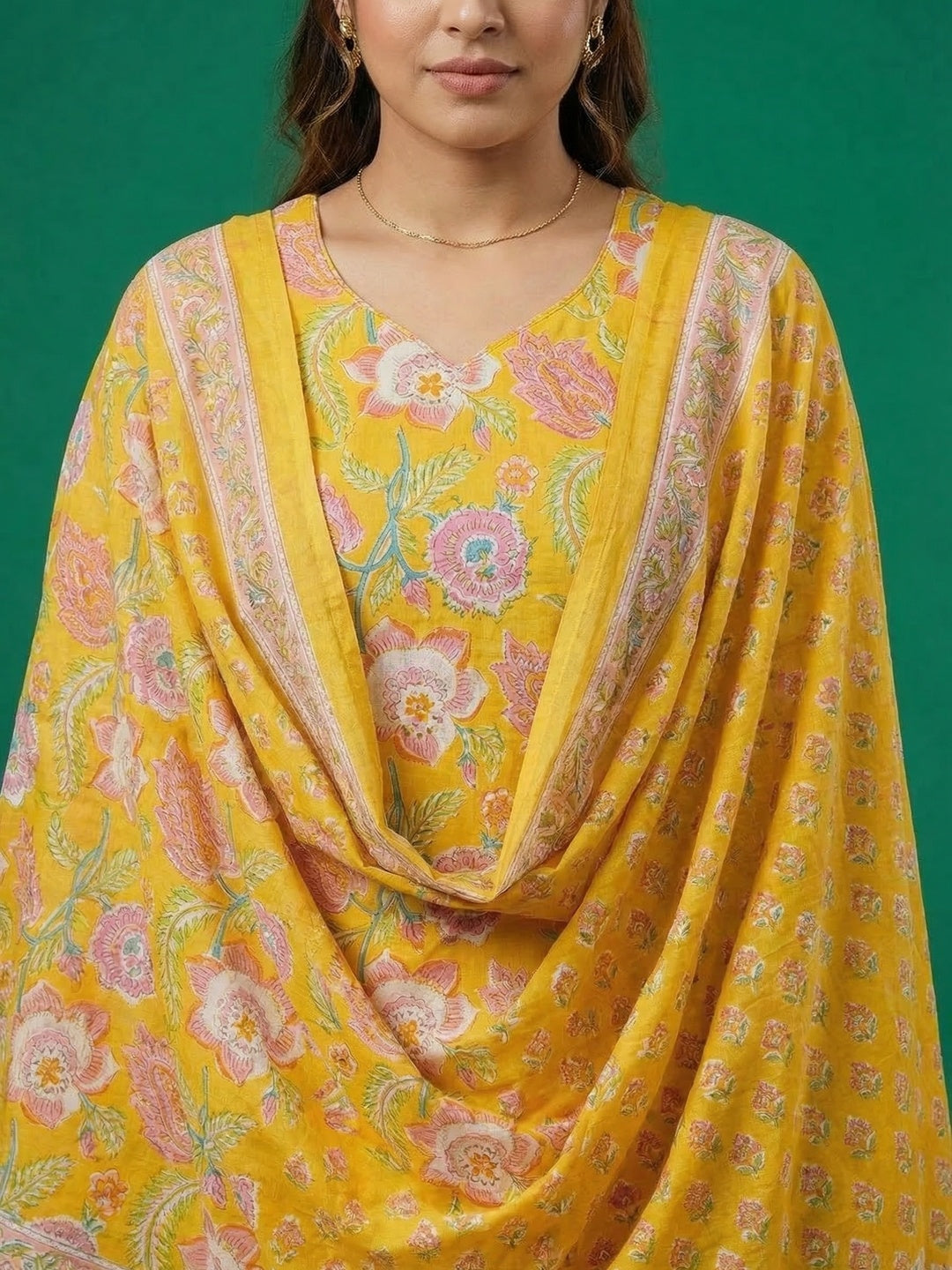 Yellow Floral Printed Cotton Salwar Suit with Dupatta - Image 4