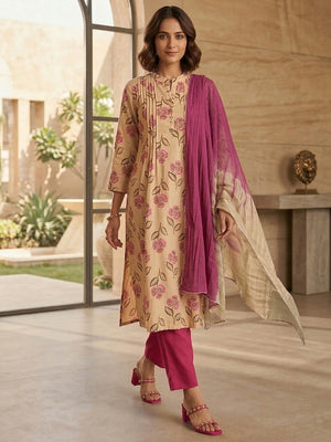 Chikoo Floral Printed Cotton Salwar Suit with Pink Dupatta - Image 2