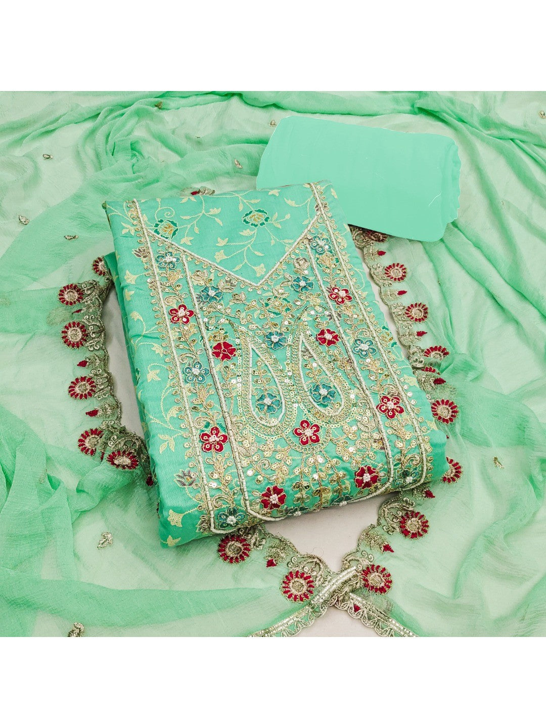 Green Chanderi Cotton Dress Material with Embroidered Dupatta - Image 2