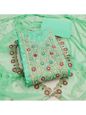 Green Chanderi Cotton Dress Material with Embroidered Dupatta - Image 2