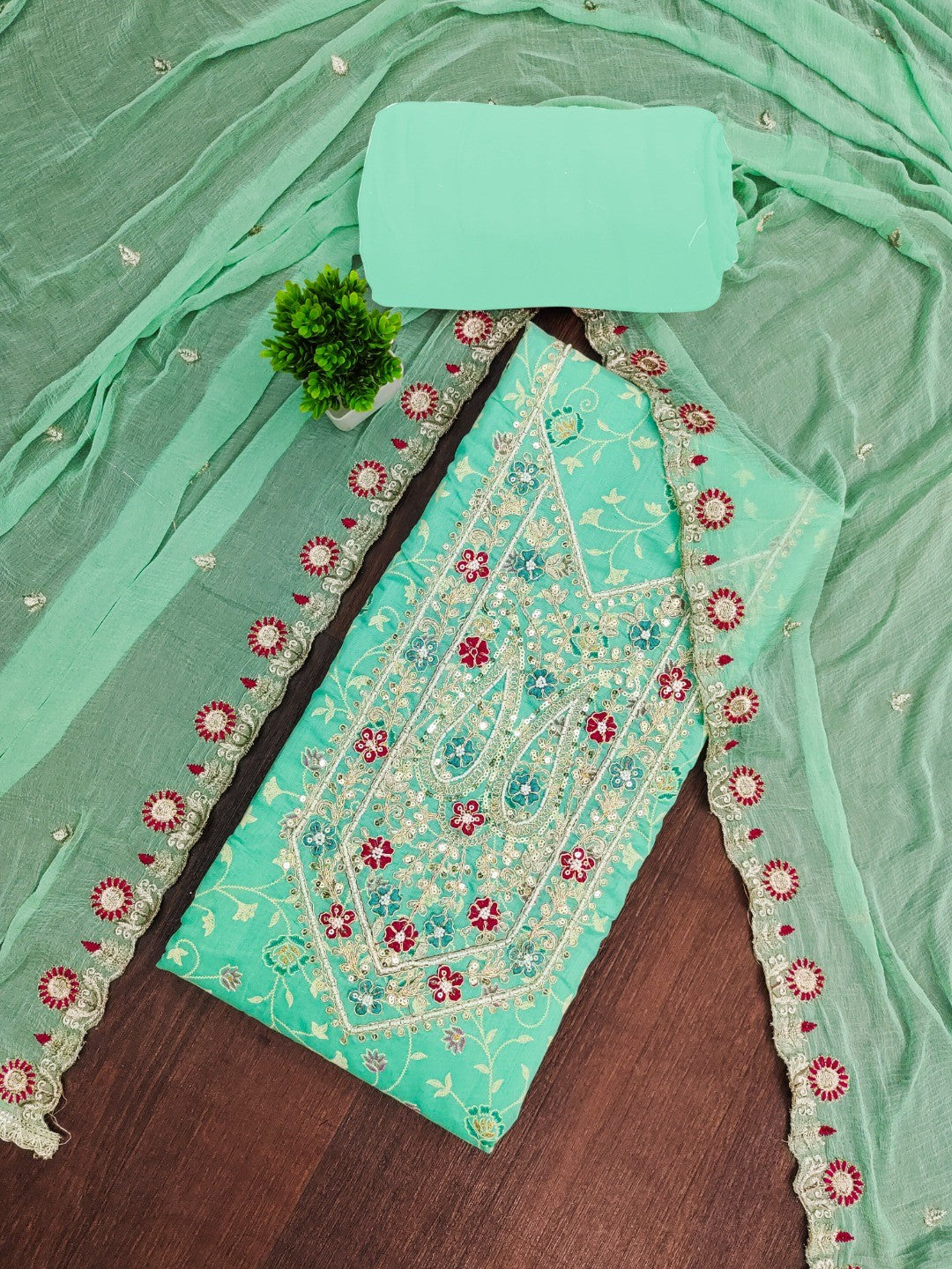 Green Chanderi Cotton Dress Material with Embroidered Dupatta - Image 4