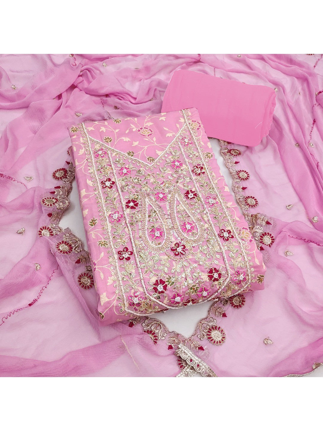 Elegant Pink Chanderi Cotton Dress Material with Embroidered Dupatta - Image 3