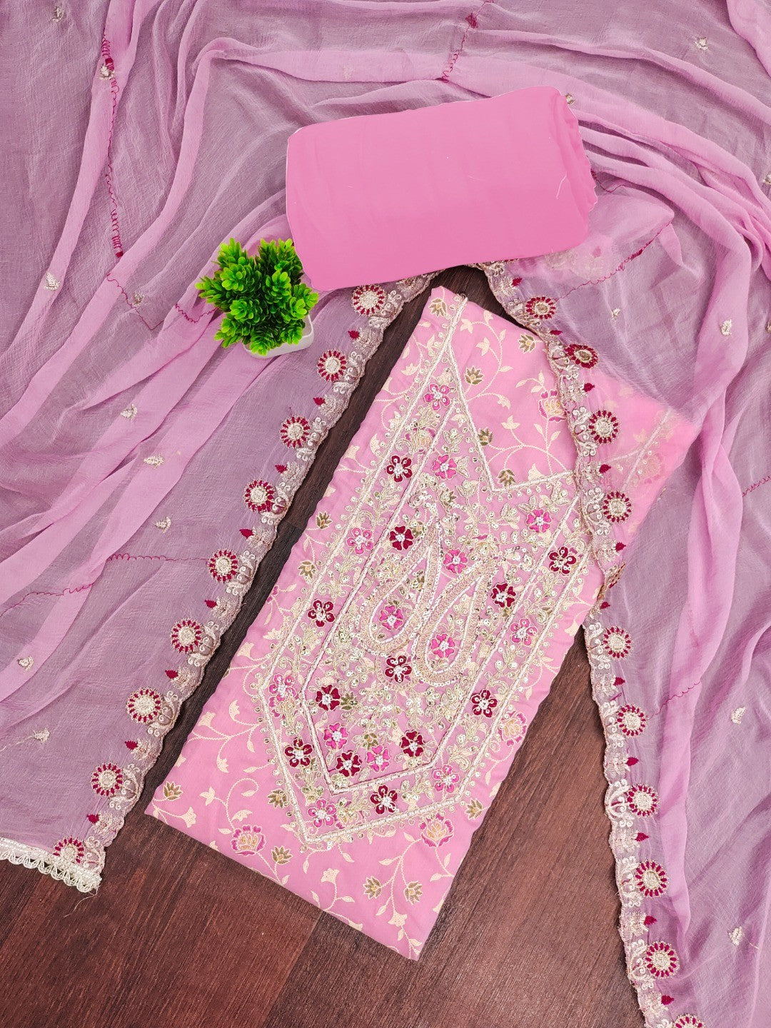 Elegant Pink Chanderi Cotton Dress Material with Embroidered Dupatta - Image 2