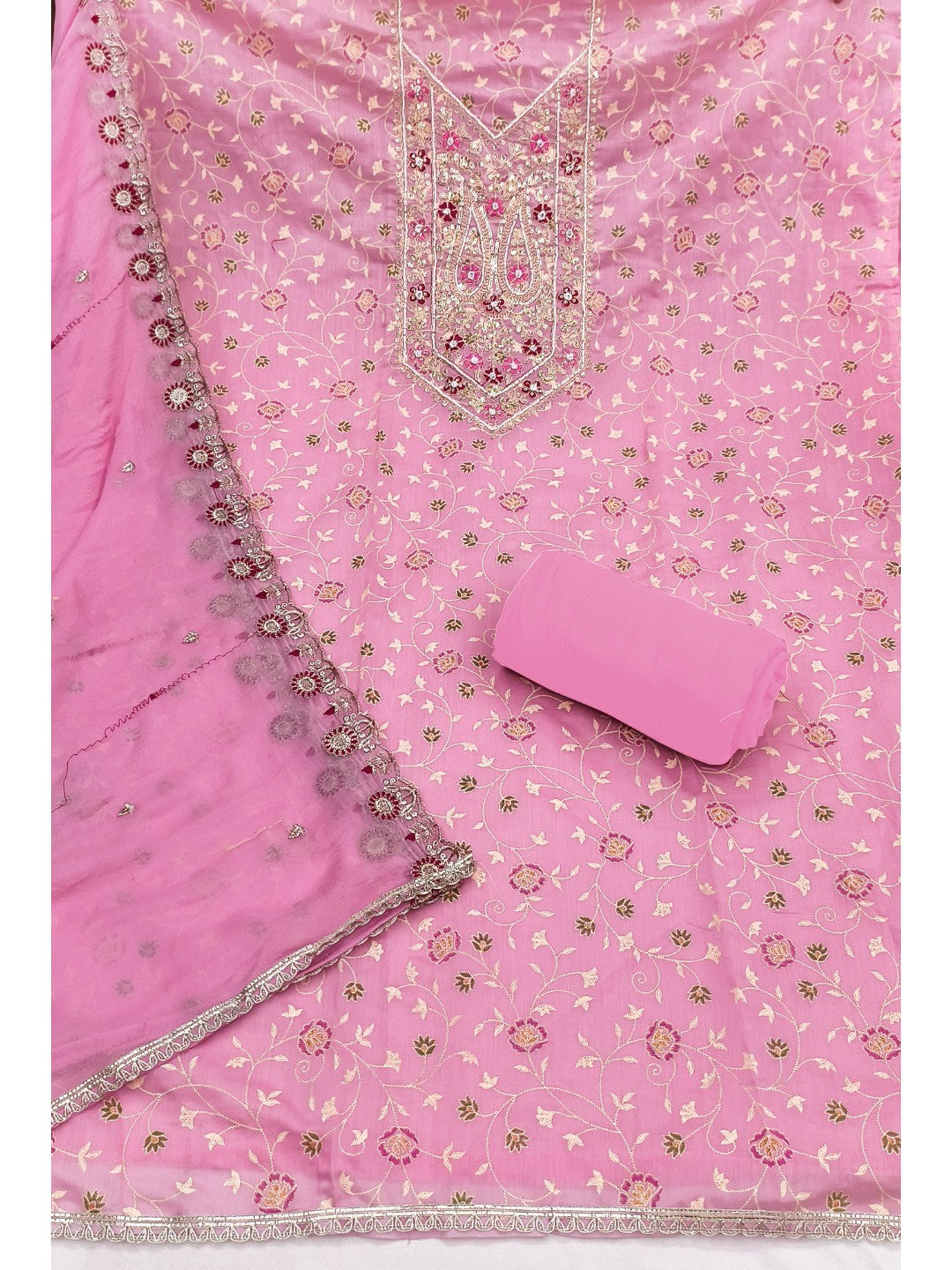 Elegant Pink Chanderi Cotton Dress Material with Embroidered Dupatta - Image 4