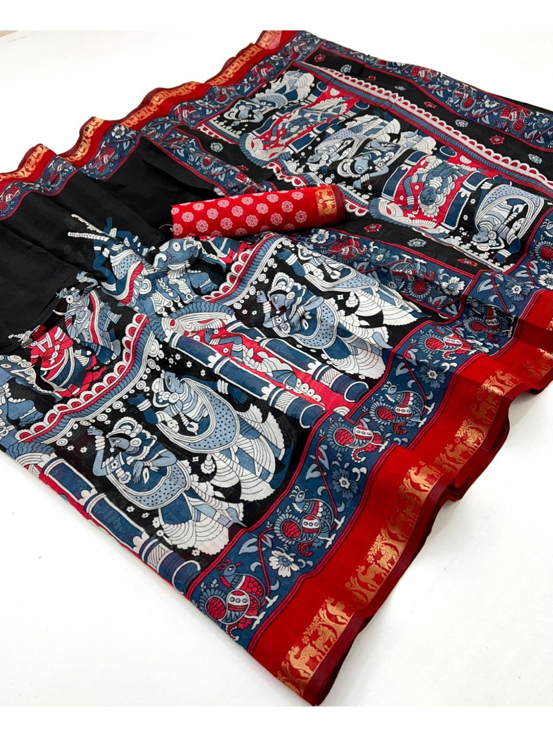 Black Kalamkari Mythological Print Viscose Saree with Pink Zari Woven Border Elegance - Image 2
