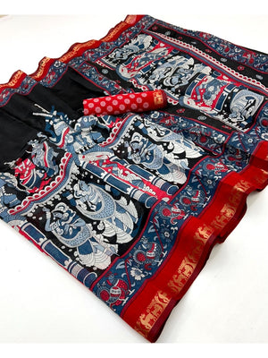 Black Kalamkari Mythological Print Viscose Saree with Pink Zari Woven Border Elegance - Image 2