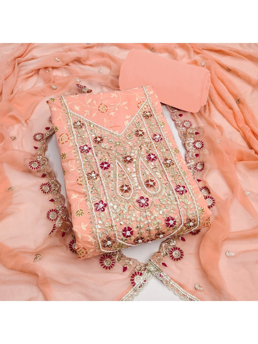 Elegant Peach Chanderi Cotton Unstitched Dress Material with Embroidery - Image 4