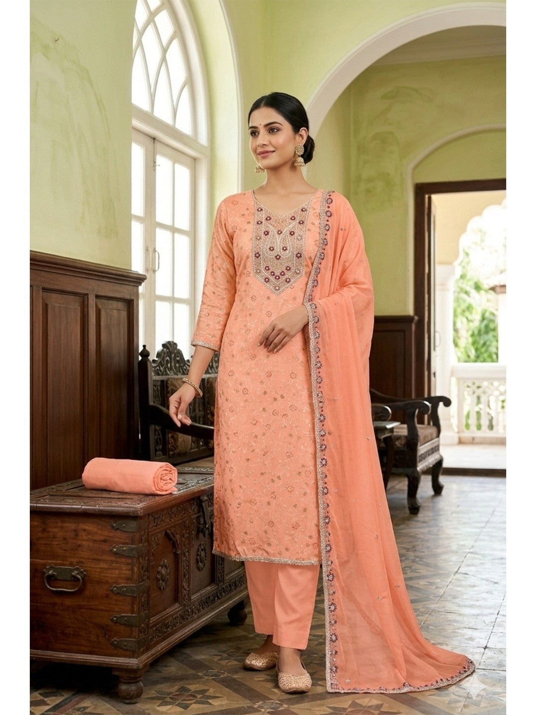 Elegant Peach Chanderi Cotton Unstitched Dress Material with Embroidery - Image 1
