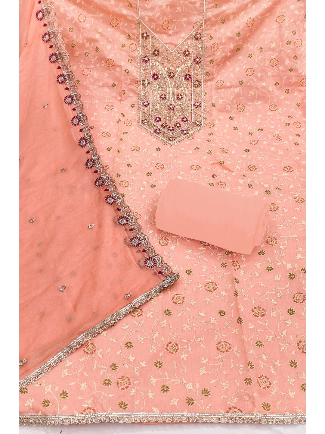 Elegant Peach Chanderi Cotton Unstitched Dress Material with Embroidery - Image 2