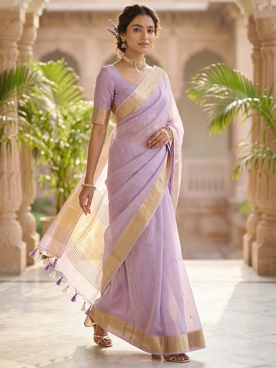 Lavender Tissue Saree with Golden Woven Border and Polka Dot Design - Image 1