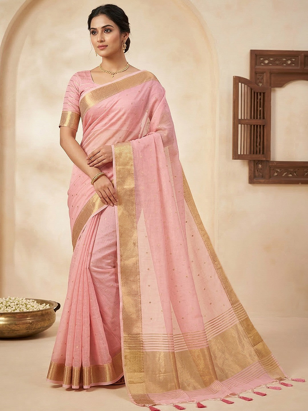 Pink Tissue Saree with Golden Woven Border and Polka Dot Design - Image 1