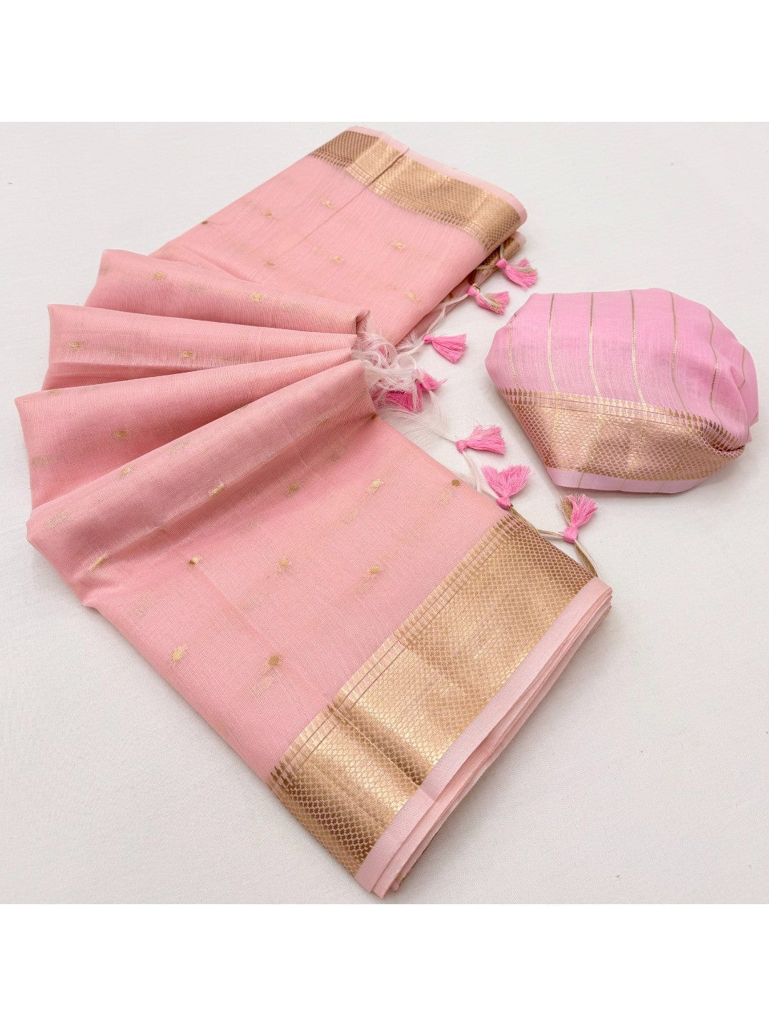 Pink Tissue Saree with Golden Woven Border and Polka Dot Design - Image 2