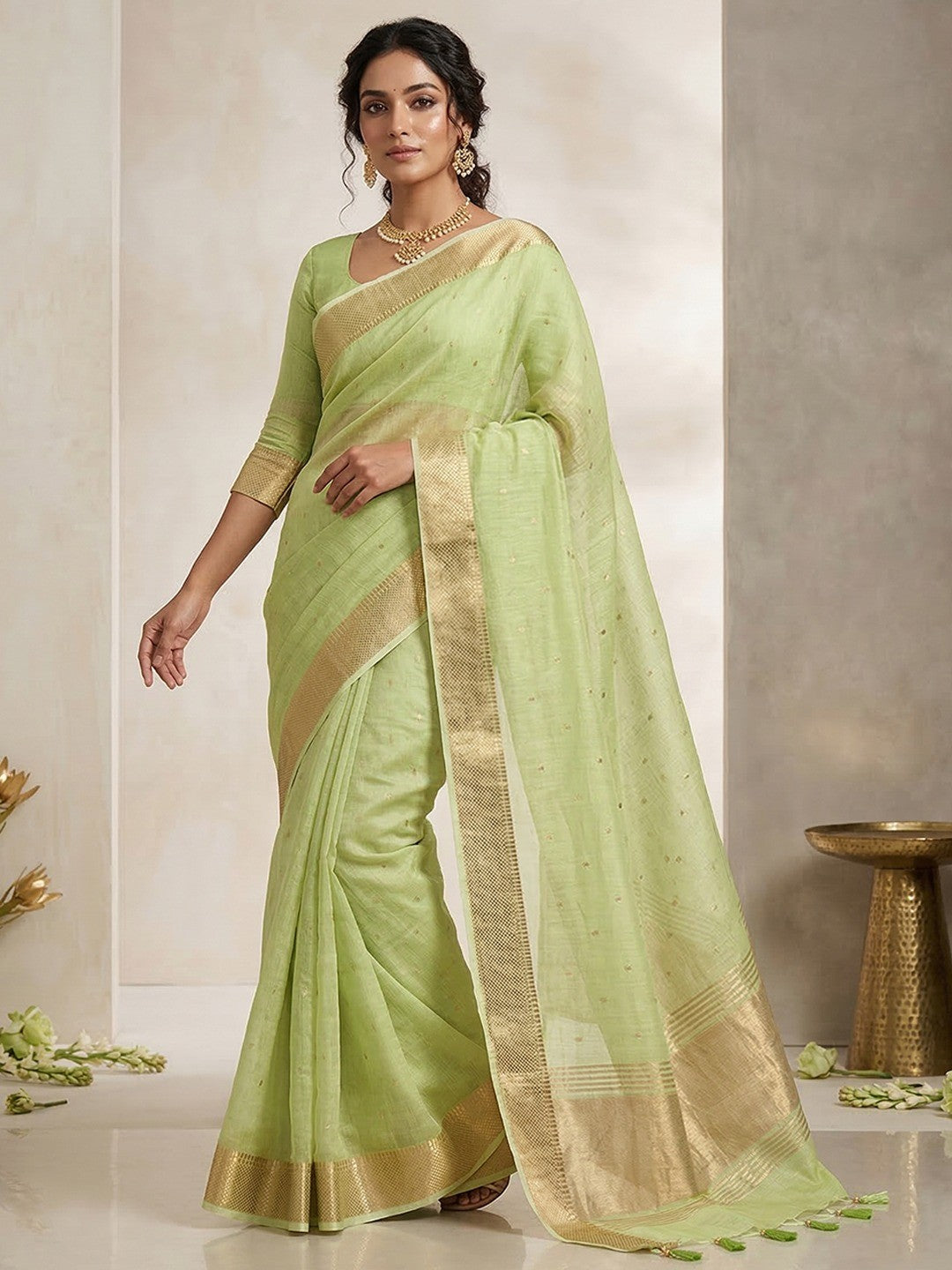 Green Tissue Saree with Golden Woven Border and Polka Dot Design - Image 1