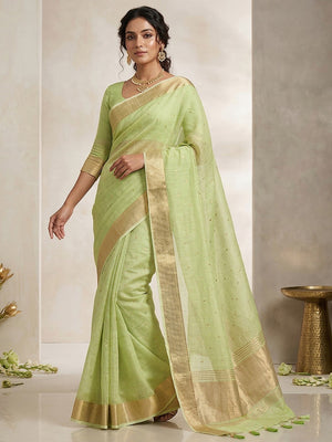 Green Tissue Saree with Golden Woven Border and Polka Dot Design - Image 1