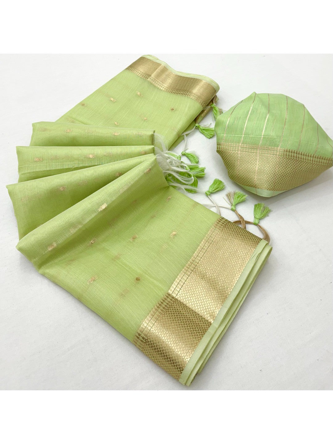 Green Tissue Saree with Golden Woven Border and Polka Dot Design - Image 3