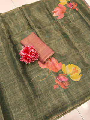 Elegant Green Floral Printed Cotton Silk Saree With Soft Glossy Finish - Image 2