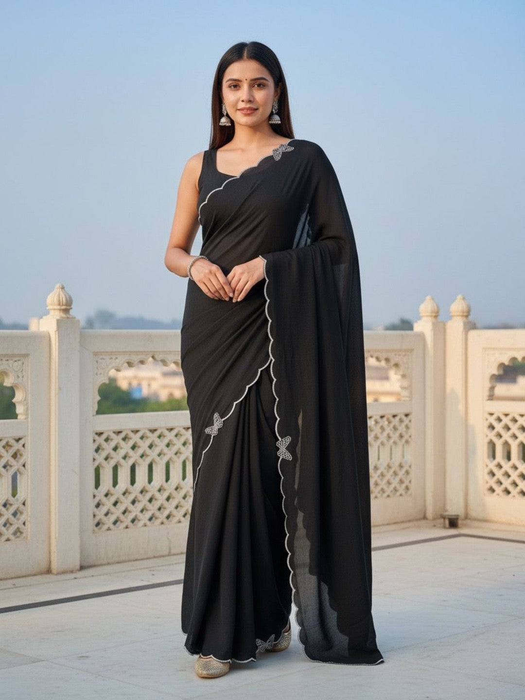 Elegant Black Solid Chinon Saree with Swarovski & Stone Embellished Designer Work - Image 1