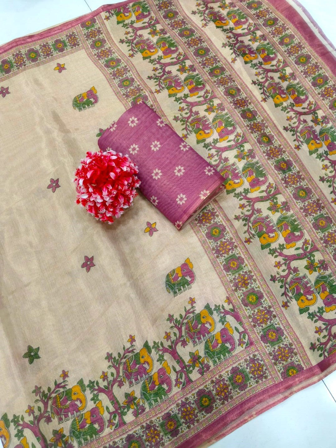 Elegant Beige Cotton Silk Saree with Elephant Motif Border - Image 2