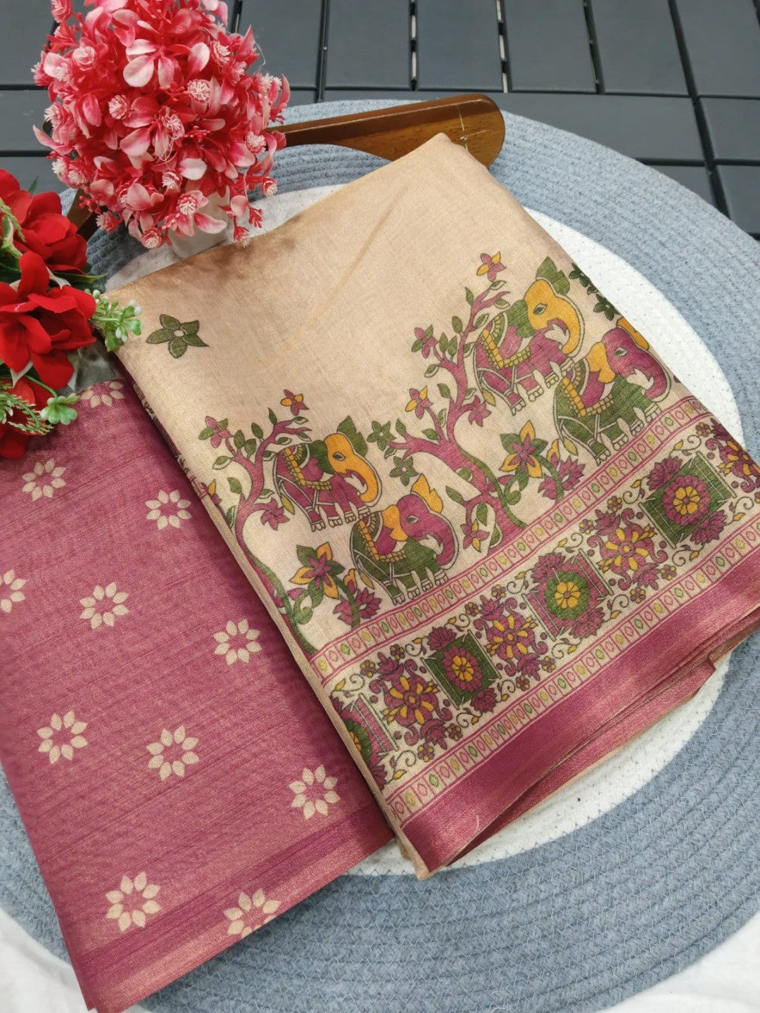 Elegant Beige Cotton Silk Saree with Elephant Motif Border - Image 3