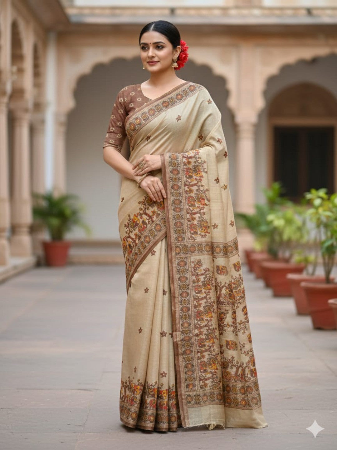 Beige Cotton Silk Saree with Printed Border For Festive Wear - Image 1