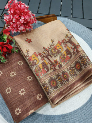 Beige Cotton Silk Saree with Printed Border For Festive Wear - Image 2