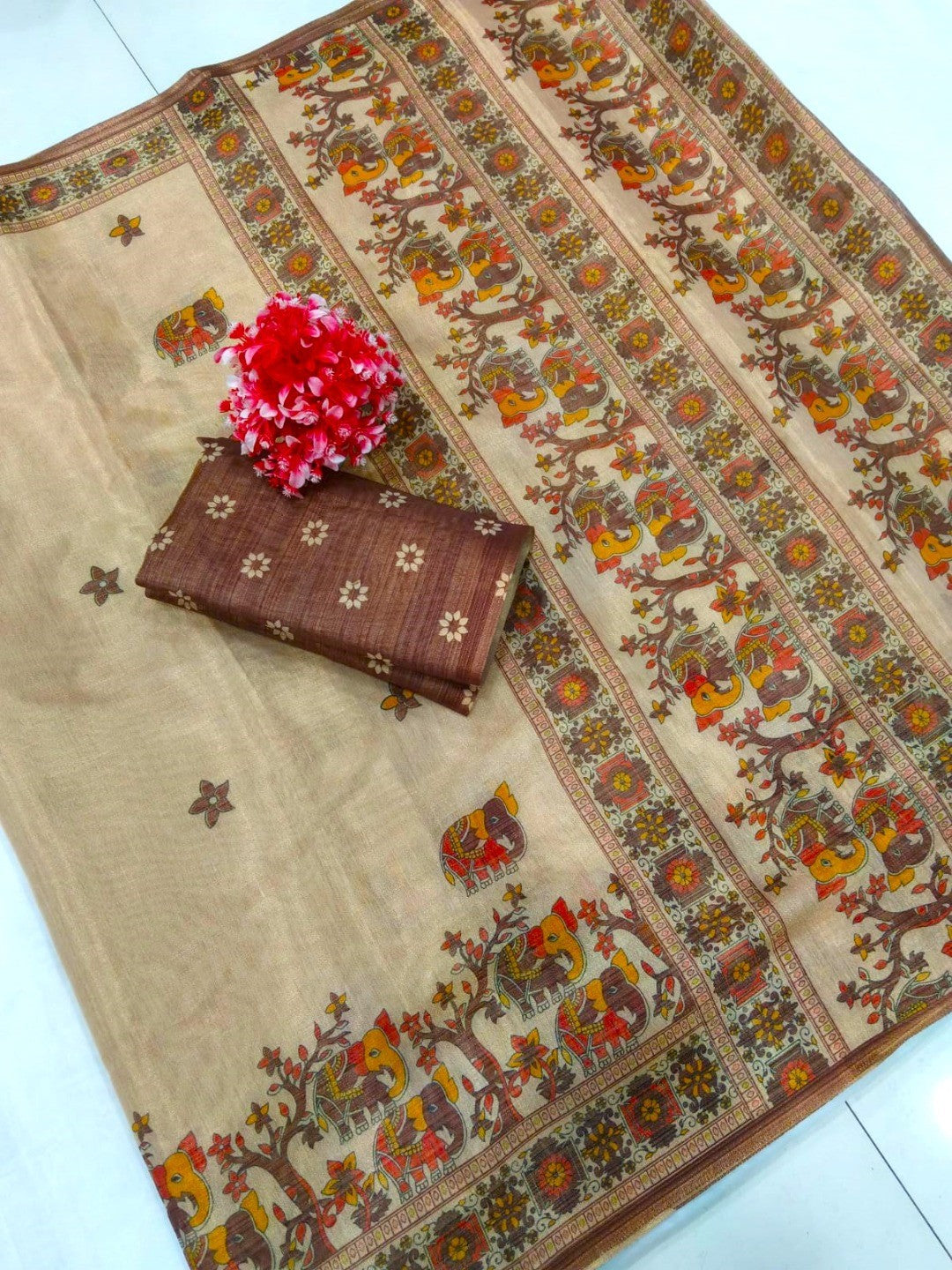 Beige Cotton Silk Saree with Printed Border For Festive Wear - Image 2