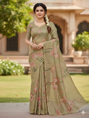 Green Floral Printed Cotton Silk Saree for Festive Occasions - Image 1