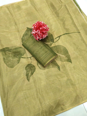 Elegant Green Cotton Silk Saree with Leaf Print Design - Image 2