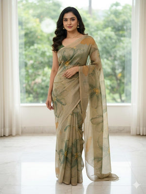 Beige Floral Printed Cotton Silk Saree For Festive Wear - Image 1