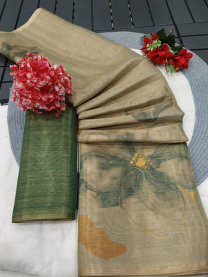 Beige Floral Printed Cotton Silk Saree For Festive Wear - Image 2