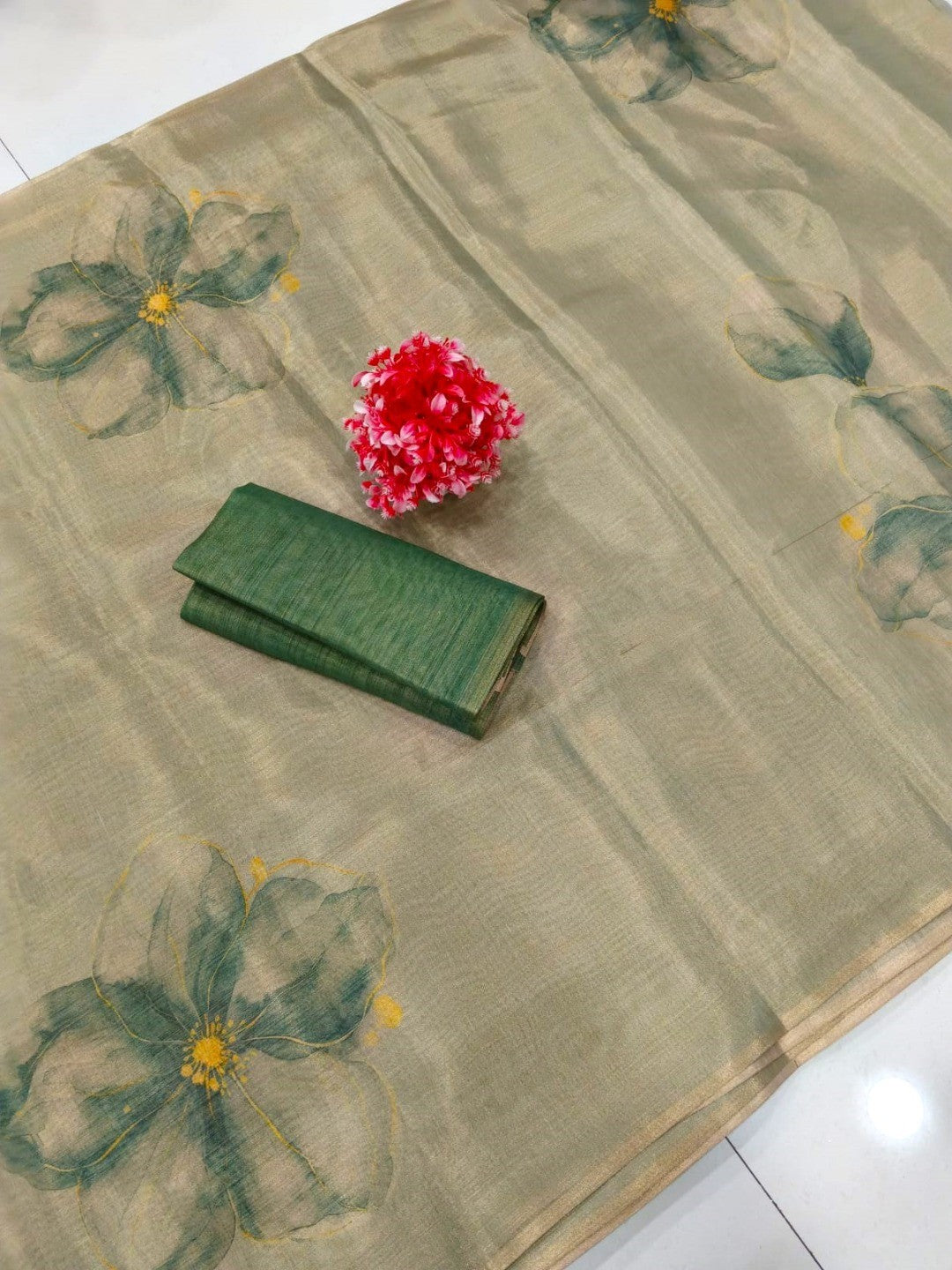 Beige Floral Printed Cotton Silk Saree For Festive Wear - Image 5