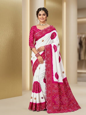 Elegant Pink & White Chiffon Silk Saree With Bandhani Print - Image 1