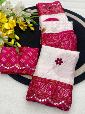Elegant Pink & White Chiffon Silk Saree With Bandhani Print - Image 2