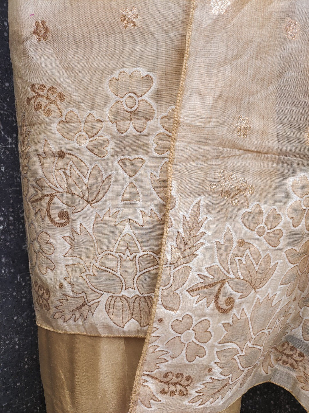 Beige Chanderi Silk Dress Material with Embroidered Details - Image 3