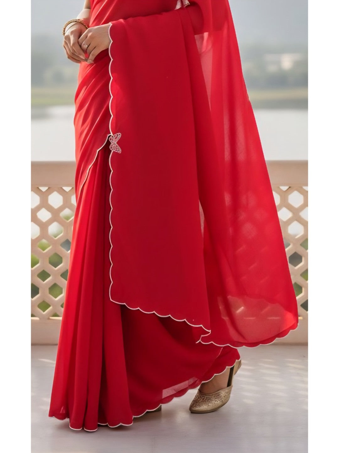 Elegant Red Solid Chinon Saree with Swarovski & Stone Embellished Designer Work - Image 2
