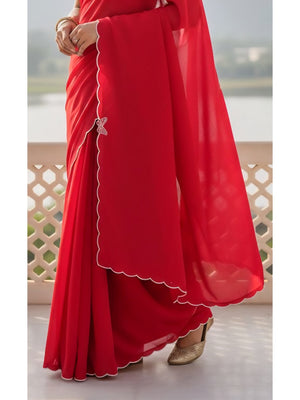 Elegant Red Solid Chinon Saree with Swarovski & Stone Embellished Designer Work - Image 2