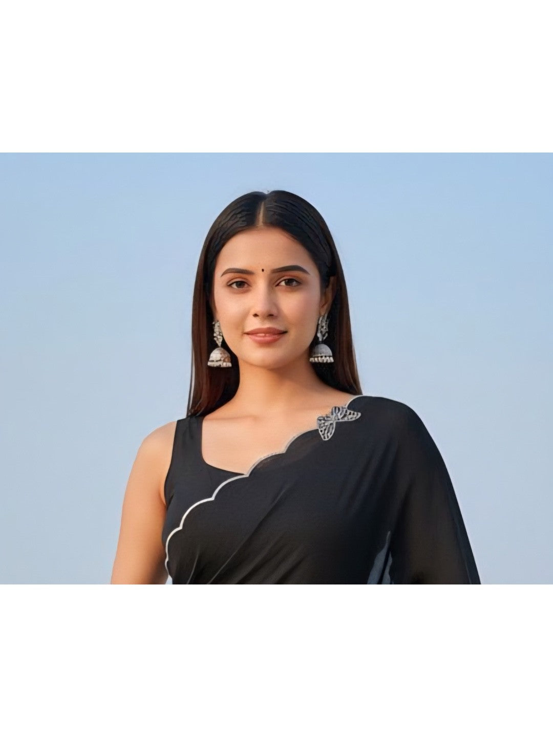 Elegant Black Solid Chinon Saree with Swarovski & Stone Embellished Designer Work - Image 3
