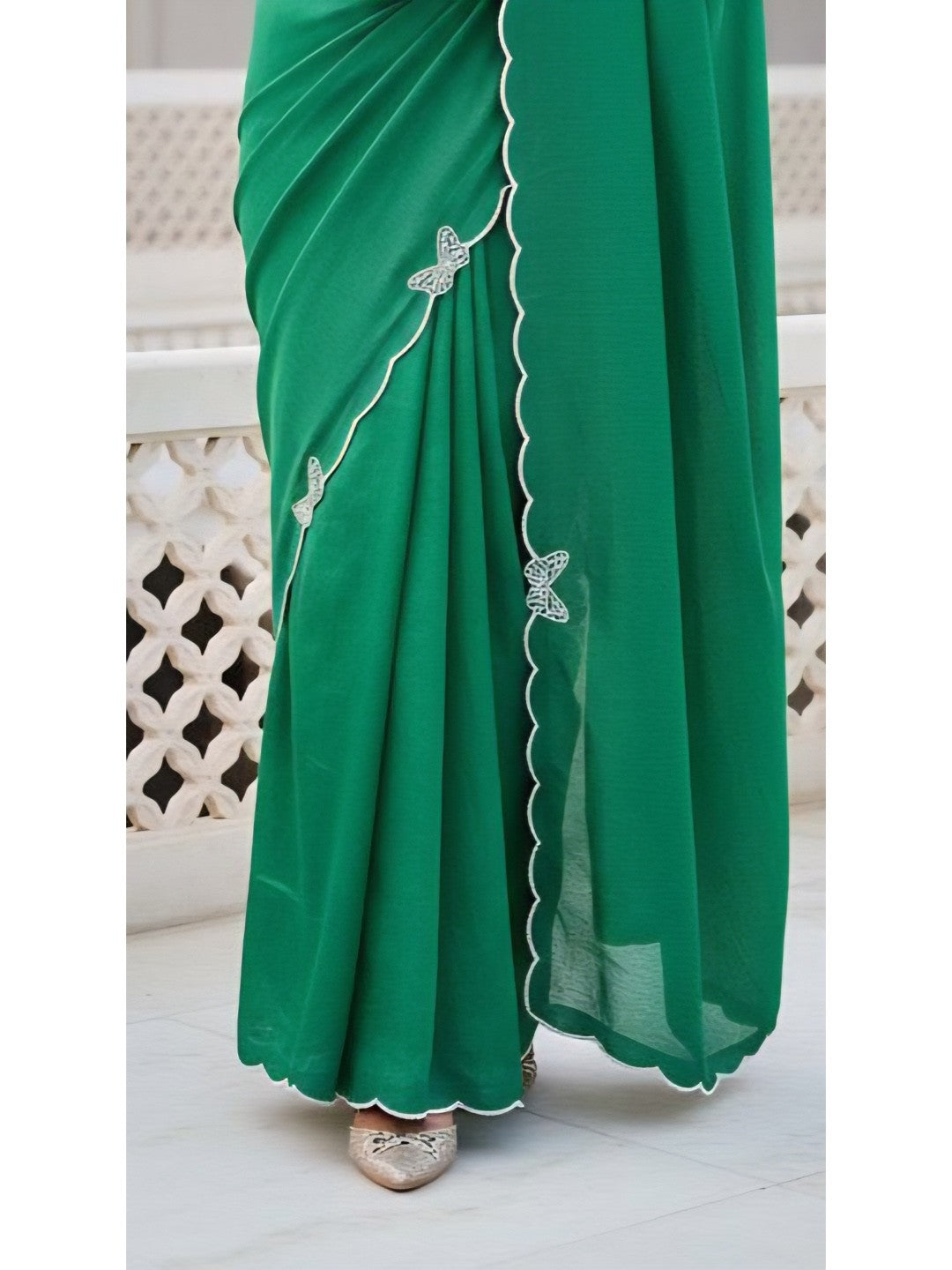Elegant Geen Solid Chinon Saree with Swarovski & Stone Embellished Designer Work - Image 2