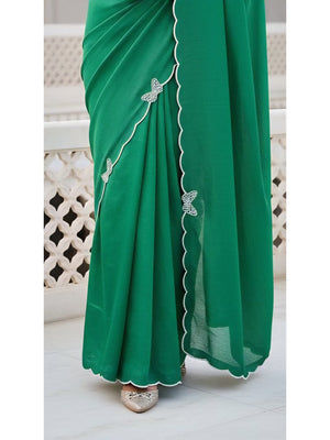 Elegant Geen Solid Chinon Saree with Swarovski & Stone Embellished Designer Work - Image 2