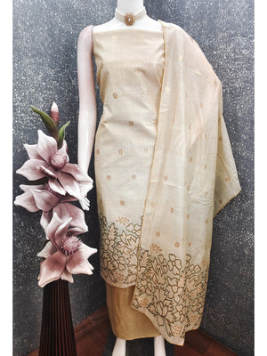 Beige & Olive Chanderi Silk Dress Material with Embroidered Details - Image 2