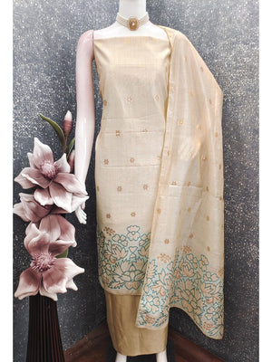 Beige & Teal Chanderi Silk Dress Material with Embroidered Details - Image 2
