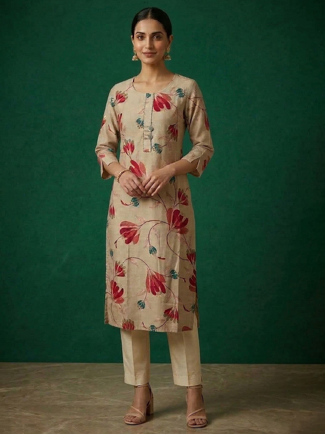 Casual Wear Cream & Pink Floral Printed Viscose Straight Fit Kurti with Soft Fabric Comfort - Image 1