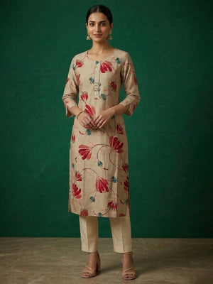 Casual Wear Cream & Pink Floral Printed Viscose Straight Fit Kurti with Soft Fabric Comfort - Image 1