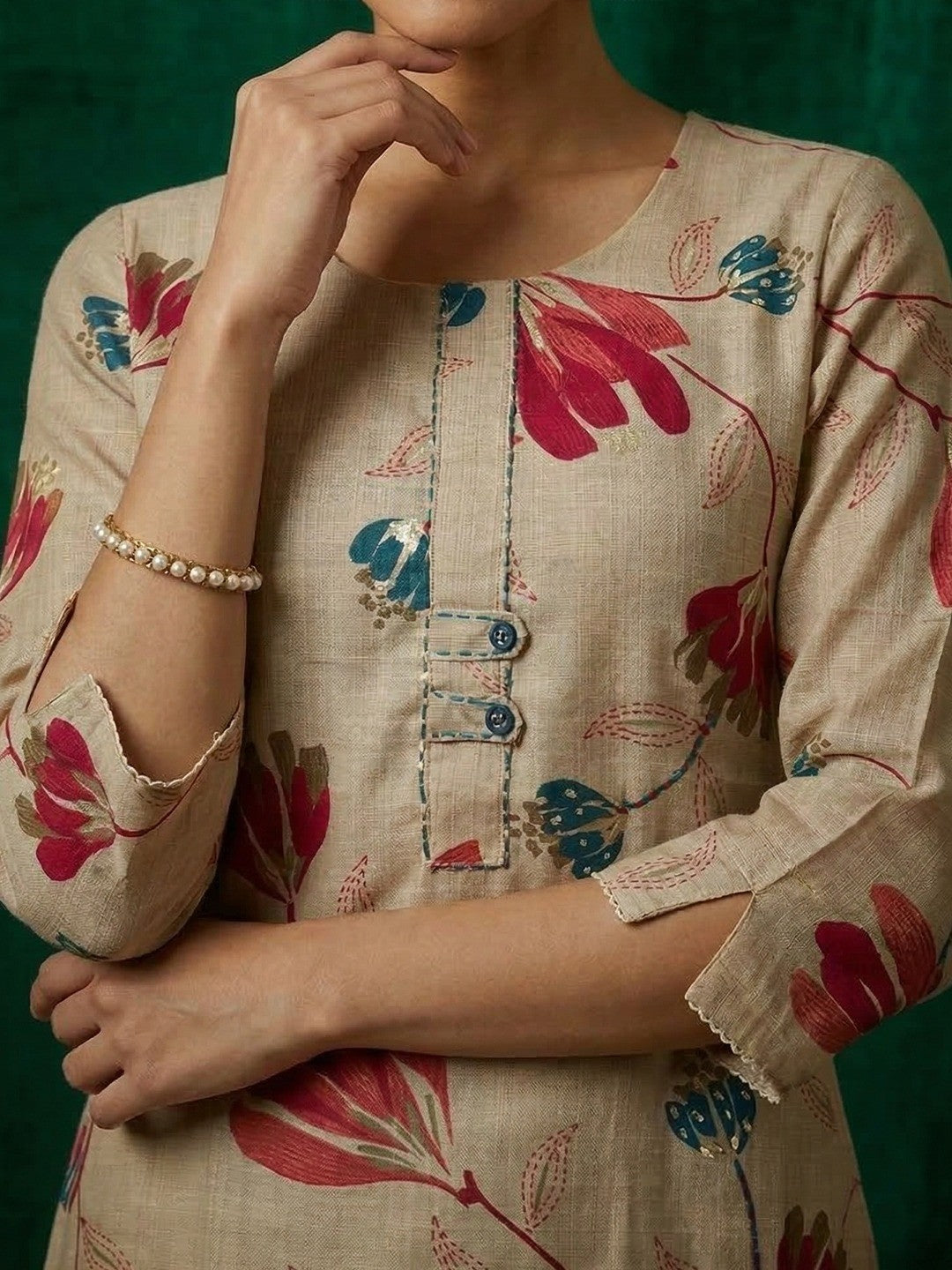 Casual Wear Cream & Pink Floral Printed Viscose Straight Fit Kurti with Soft Fabric Comfort - Image 4