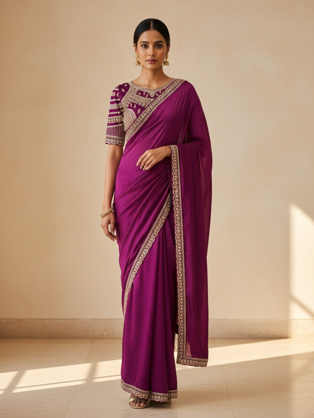 Festive Wear Magenta Satin Saree with Premium Embroidered Blouse - Image 1