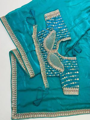 Festive Wear Turquoise Satin Saree with Premium Embroidered Blouse - Image 2
