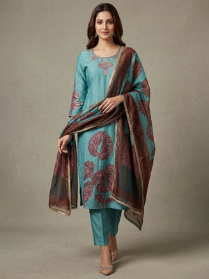 Ethnic Blue Viscose Salwar Suit with Graceful Floral Embroidered Pattern - Image 1