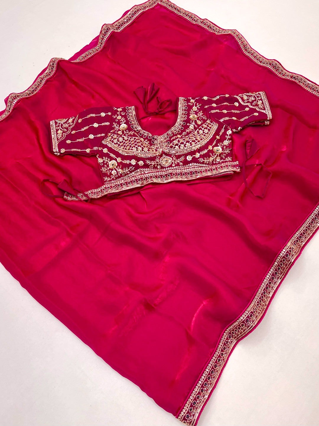 Pink Satin Saree with Detailed Embroidered Blouse Perfect for Party Wear - Image 3