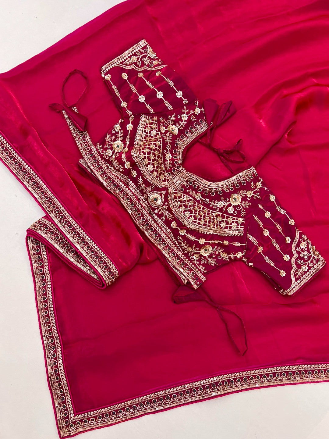 Pink Satin Saree with Detailed Embroidered Blouse Perfect for Party Wear - Image 2