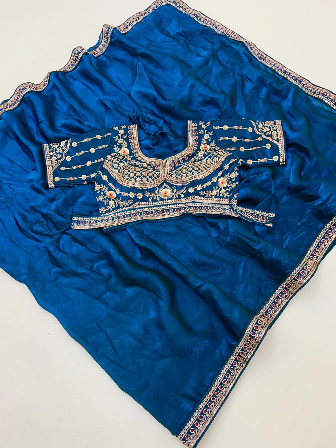 Teal Satin Saree with Detailed Embroidered Blouse Perfect for Parties - Image 3